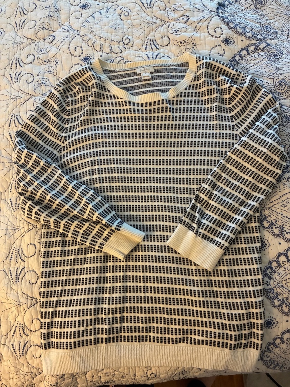 J. Crew Black and Cream Striped Grid Knit Top/Sweater - medium